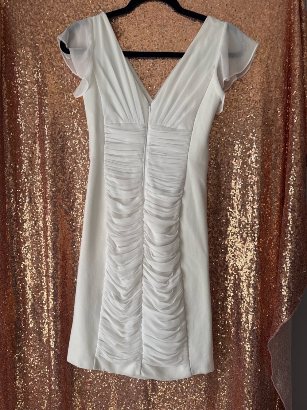 White House Black Market Elegant White Ruched V-Neck Flutter Sleeve Dress - Picture 2 of 3